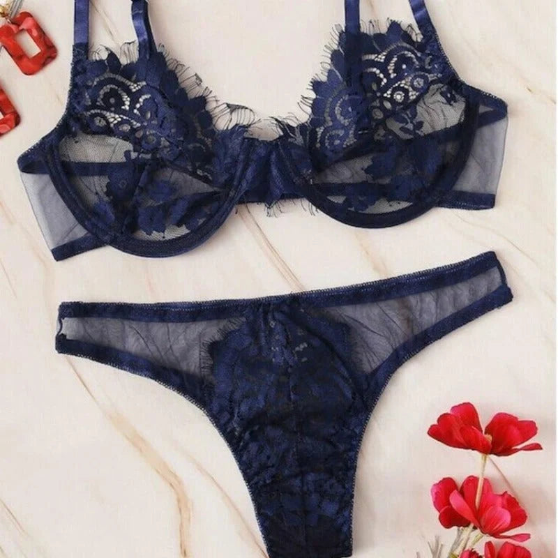 Bleu Lingerie Sexy Dentelle & Maille - Ensemble 2 Pièces