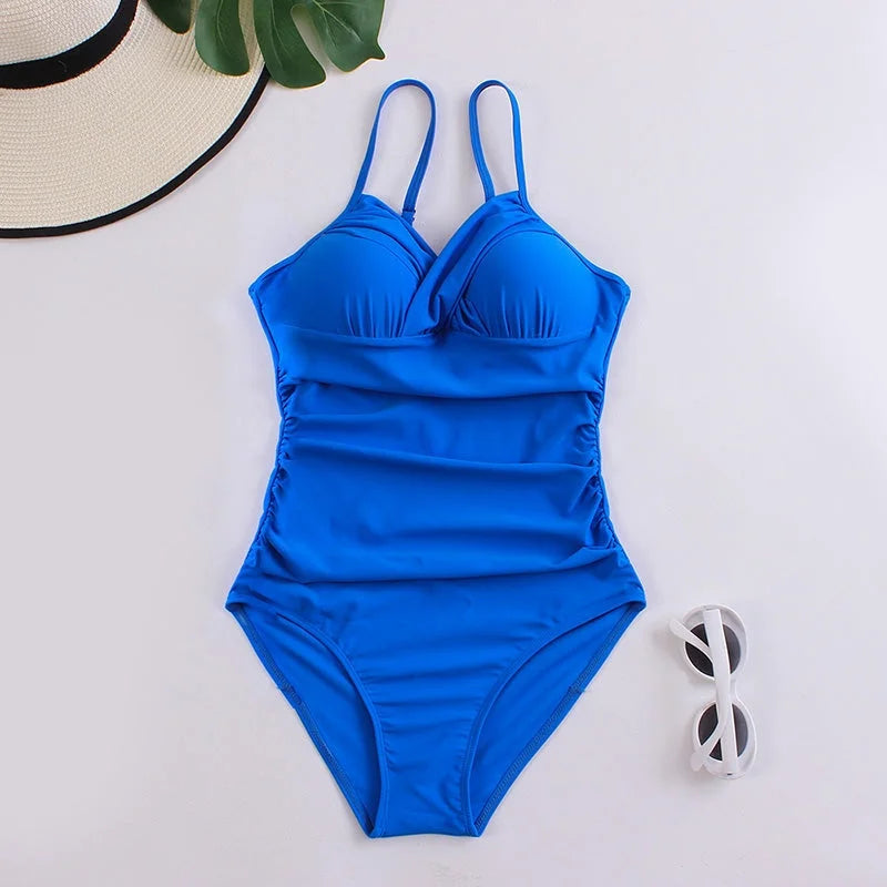 Bleu Maillot de bain une pièce à encolure enveloppe