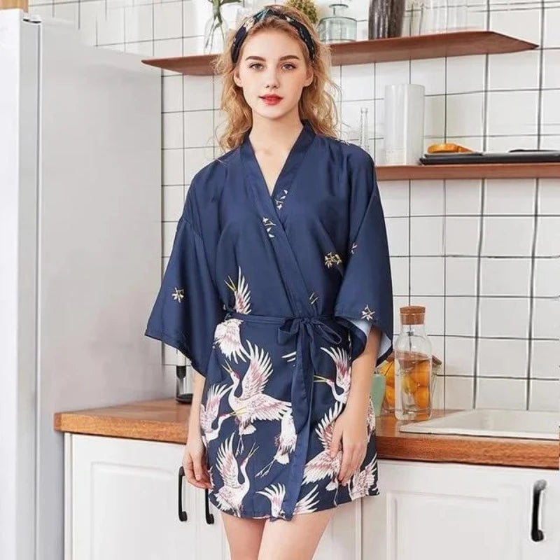 Bleu marine Kimono Femme - avec Motif d'Oiseau