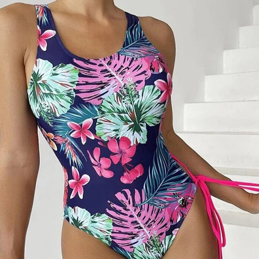 Bleu marine Maillot de bain une pièce imprimé fleuri noué au dos