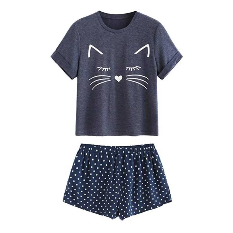 Bleu marine Pyjama Femme - Avec un Motif de Chat