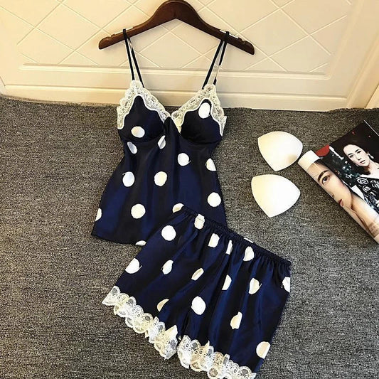 Bleu marine Pyjama Femme - Motifs à Pois Blancs