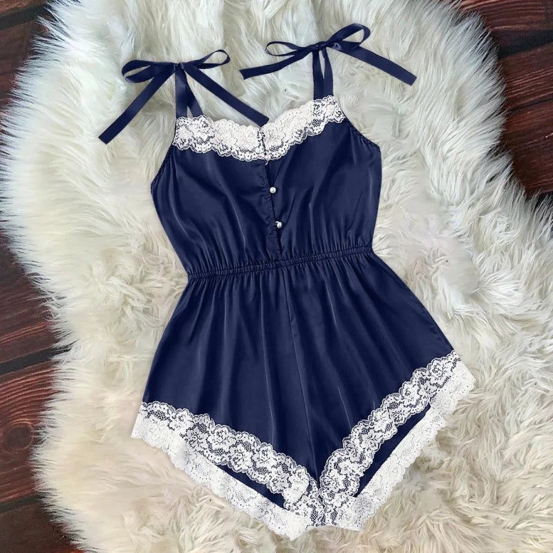 Bleu marine Pyjama une Pièce - avec Dentelle Blanche