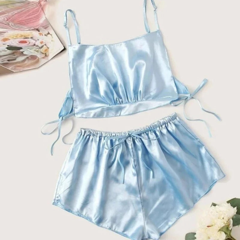 Bleu Pyjama Femme en Satin avec Top Court