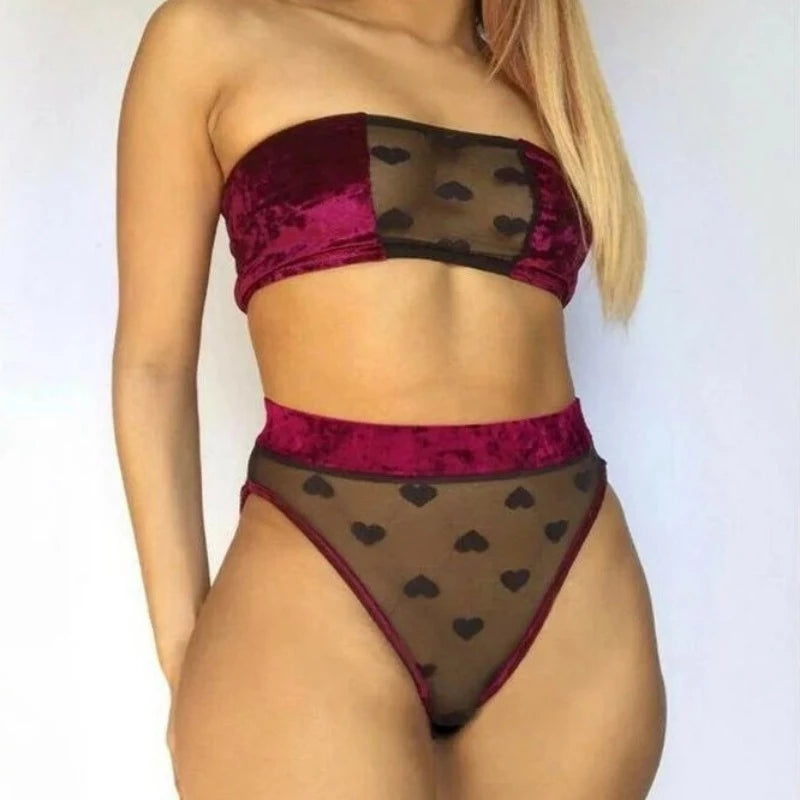 Bordeaux Ensemble de Lingerie en Dentelle - Motifs cœurs