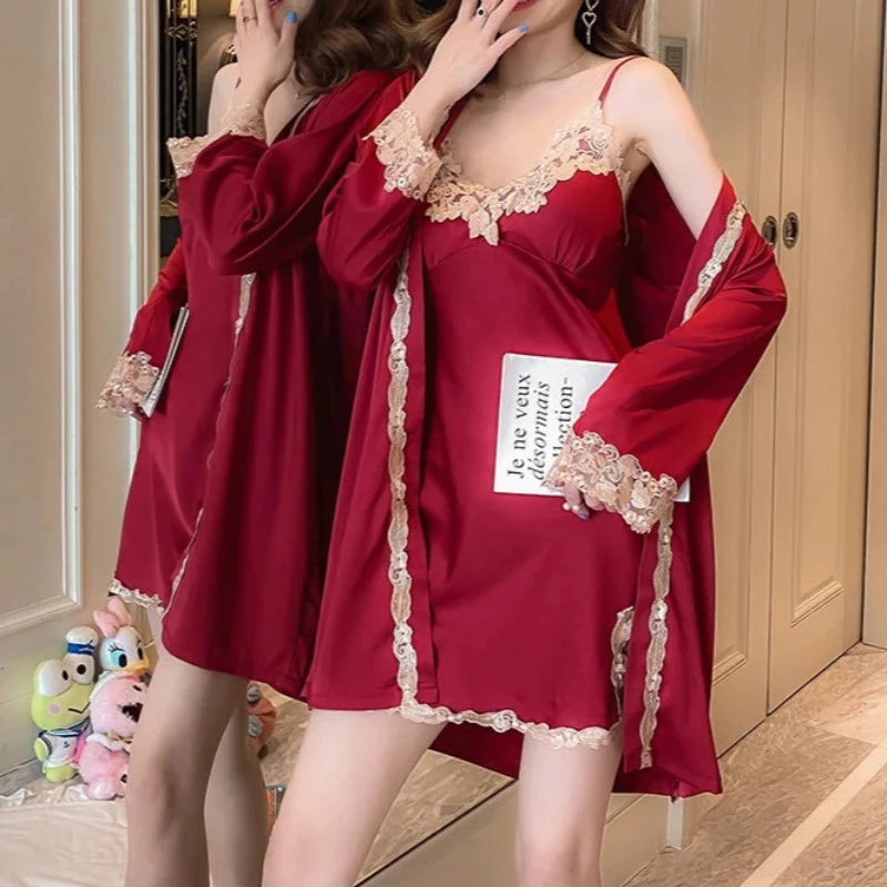 Bordeaux Ensemble Pyjama avec Kimono Sensuel