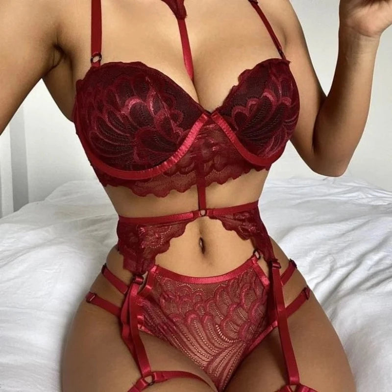 Bordeaux Ensemble Sensuel de Sous-Vêtements - Motif Brodé