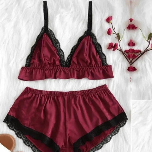 Bordeaux Pyjama Femme Sexy avec un Haut Court