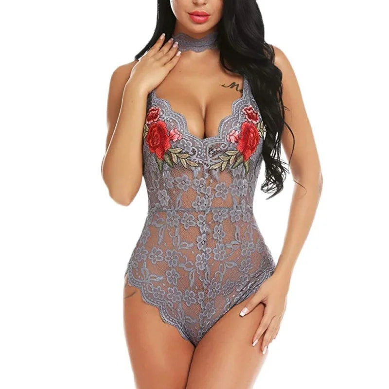 Gris Body Décolleté en Dentelle - Motif de Roses