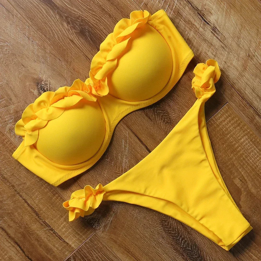 Jaune Bikini deux pièces avec volant décoratif