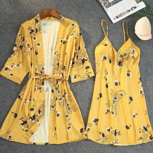 Jaune Ensemble Kimono Femme et Chemise de Nuit