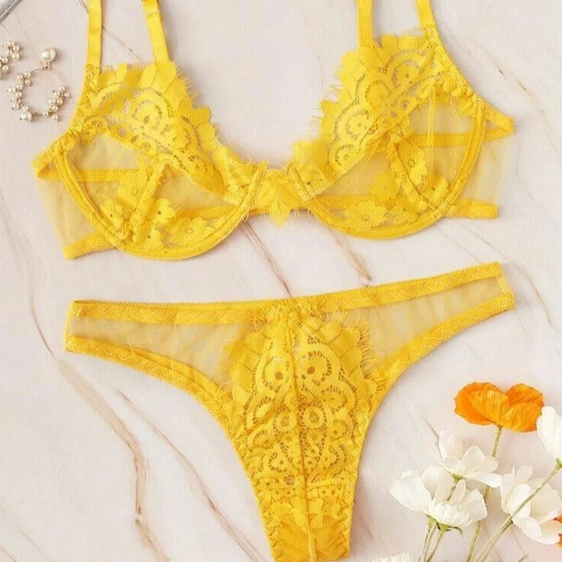 Jaune Lingerie Sexy Dentelle & Maille - Ensemble 2 Pièces