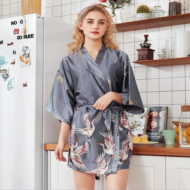 Kimono Femme - Avec Motif D’oiseau - Gris / s