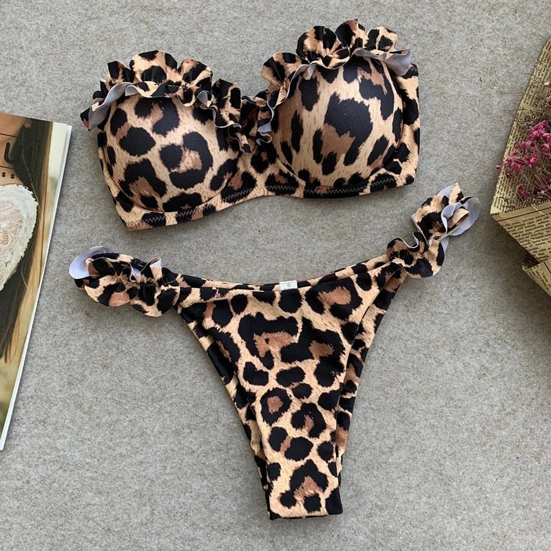  Maillot de bain bikini deux pièces push up léopard