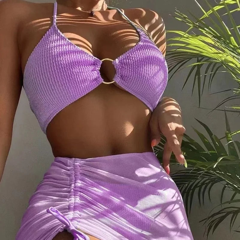 Maillot de bain bikini texturé avec jupe - violet / s