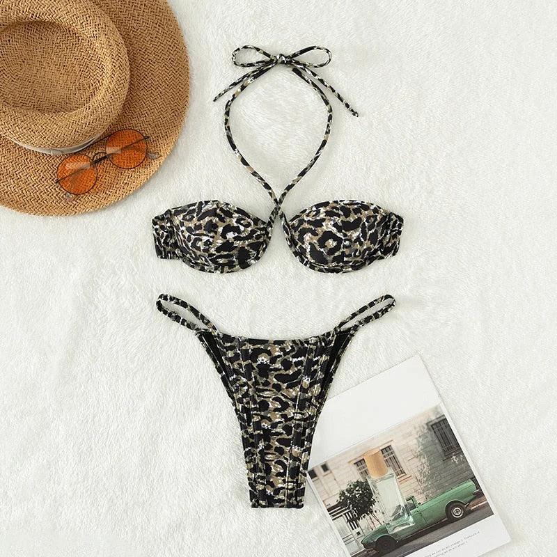  Maillot de bain deux pièces bikini noué dans le cou