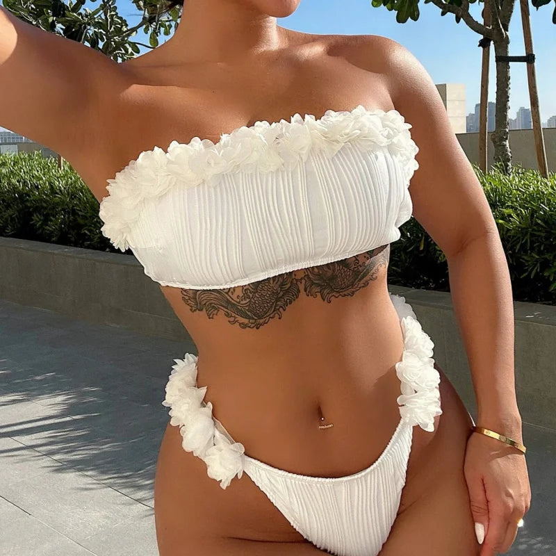  Maillot de bain deux pièces bikini texturé à fleurs ornées