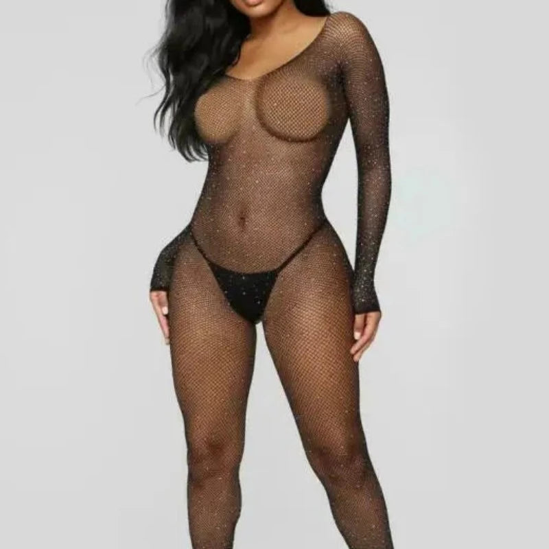 Noir Bodystocking en dentelle avec diamants