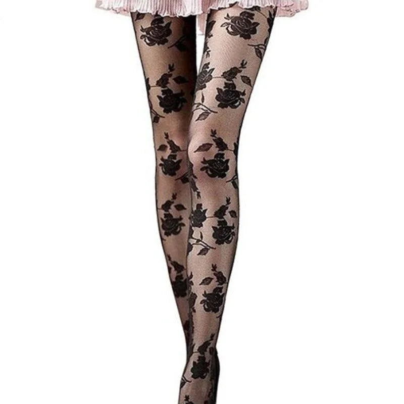 Noir Collants femme à motif rose