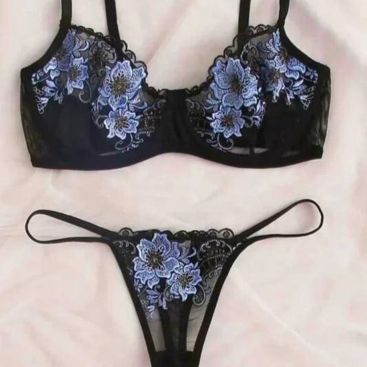 Noir Ensemble de Sous-Vêtements Sexy - Motifs à fleurs