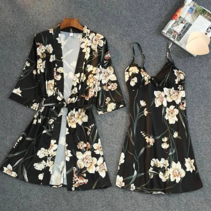 Noir Ensemble Kimono Femme et Chemise de Nuit