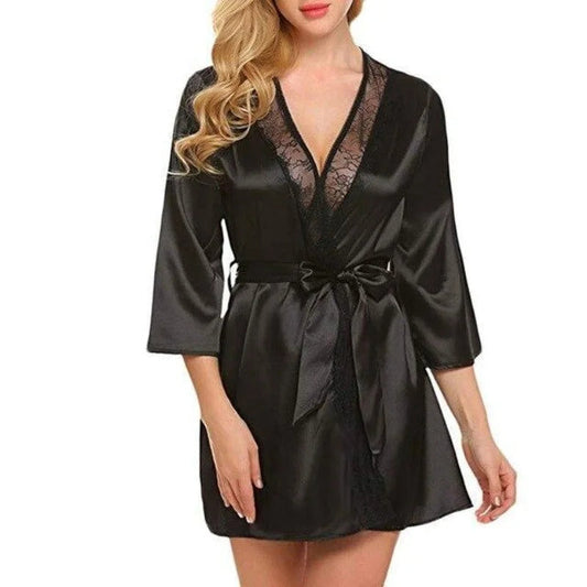 Noir Kimono Féminin Classique avec Dentelle