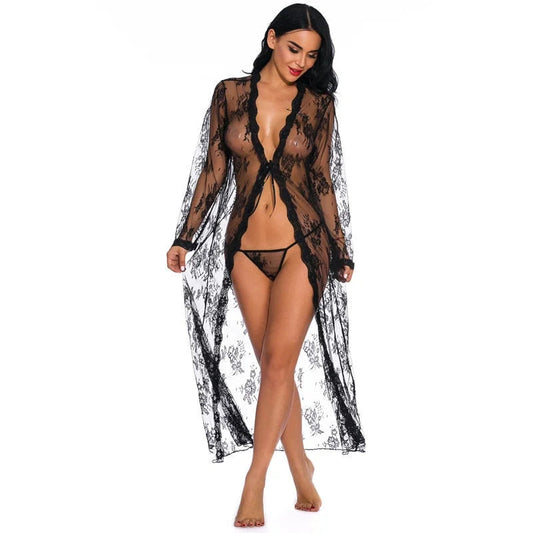 Noir Kimono Féminin en Dentelle - Long et Transparent