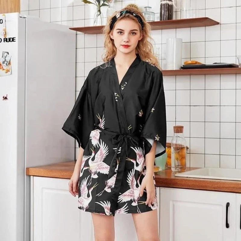 Noir Kimono Femme - avec Motif d'Oiseau