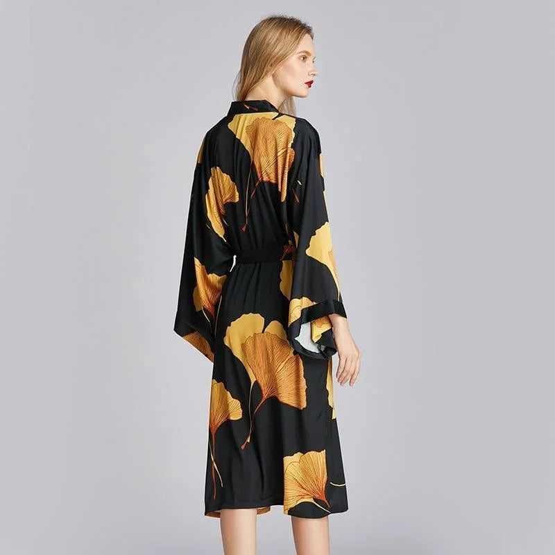 Noir Kimono Femme - Déshabillé à Motif Fleuri