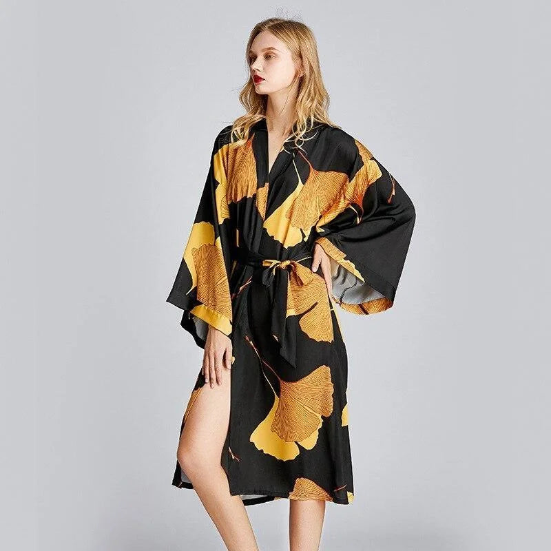 Noir Kimono Femme - Déshabillé à Motif Fleuri