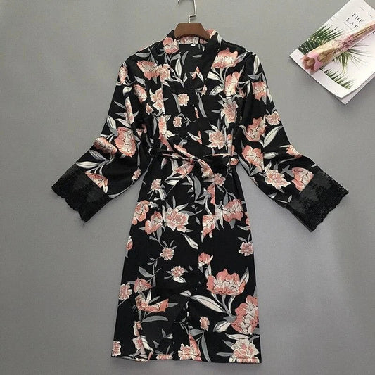 Noir Kimono Femme - Déshabillé Fleuri avec Dentelle