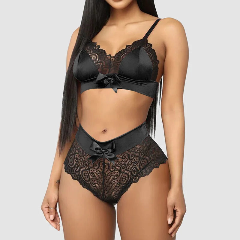 Noir Lingerie Assortie avec Dentelle et Nœud en Satin