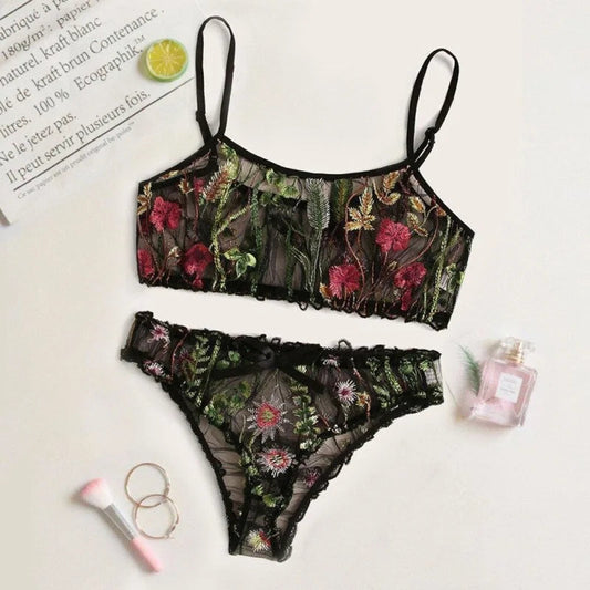 Noir Lingerie avec Motif de Fleurs Exotiques - Ensemble 2 Pièces