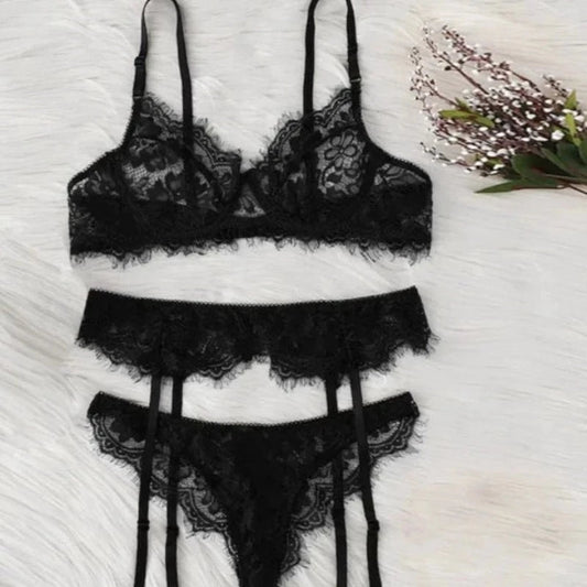 Noir Lingerie En Dentelle Ajustable - Ensemble 3 Pièces