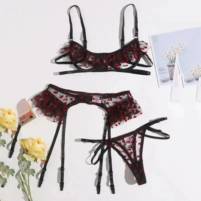 Noir Lingerie Fine Motif Cœur - Ensemble 3 Pièces