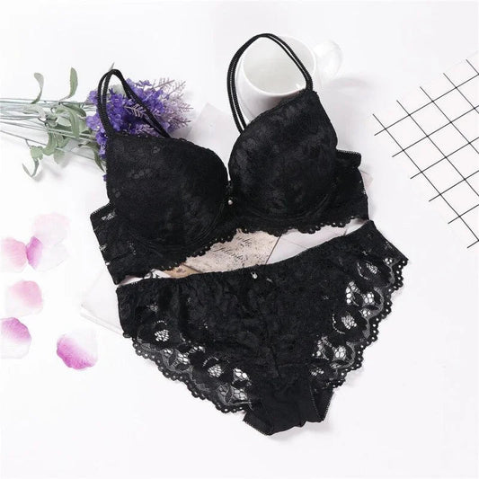 Noir Lingerie Sexy En Dentelle Motif de Fleur - Ensemble 2 Pièces