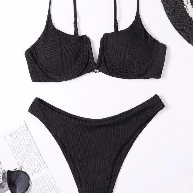 Noir Maillot de bain bikini deux pièces côtelé col V