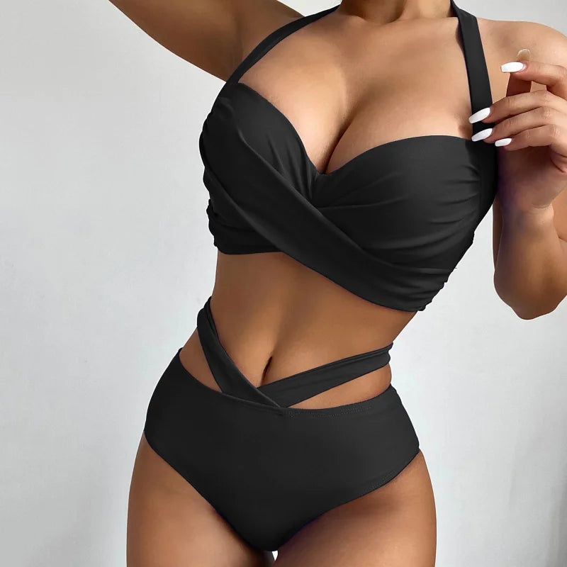 Noir Maillot de bain bikini deux pièces taille haute push up