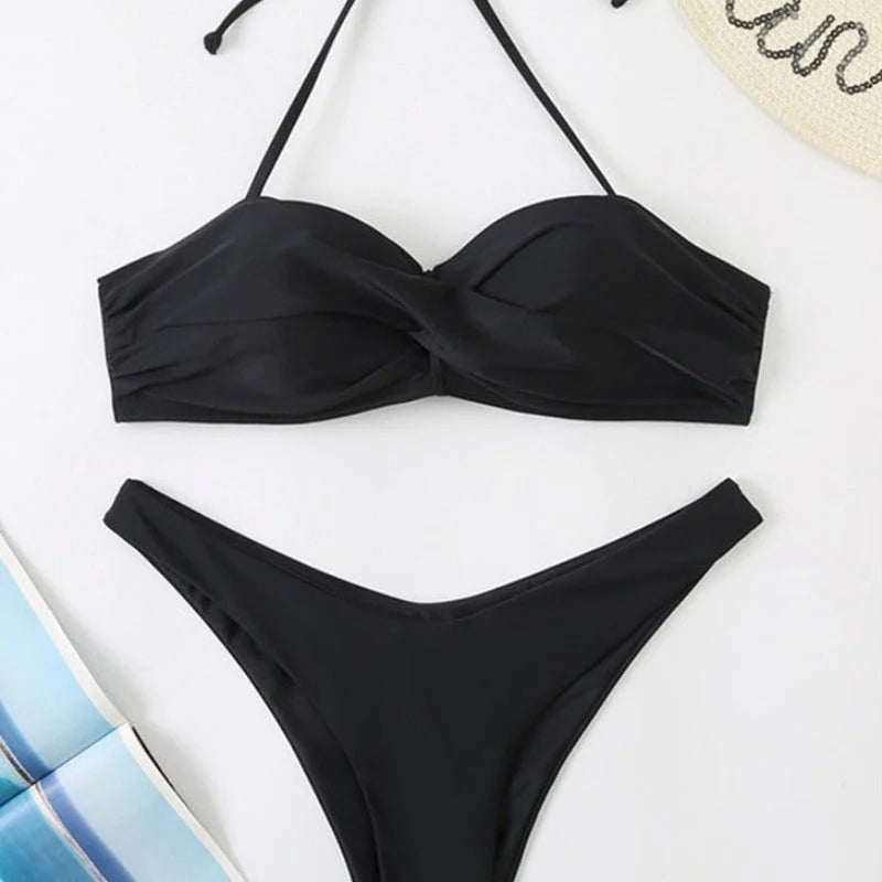 Noir Maillot de bain deux pièces bikini noué dans le cou