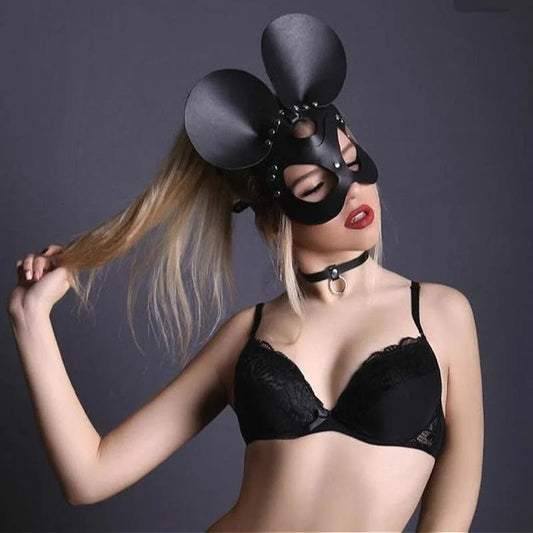 Noir Masque en cuir avec oreilles de souris