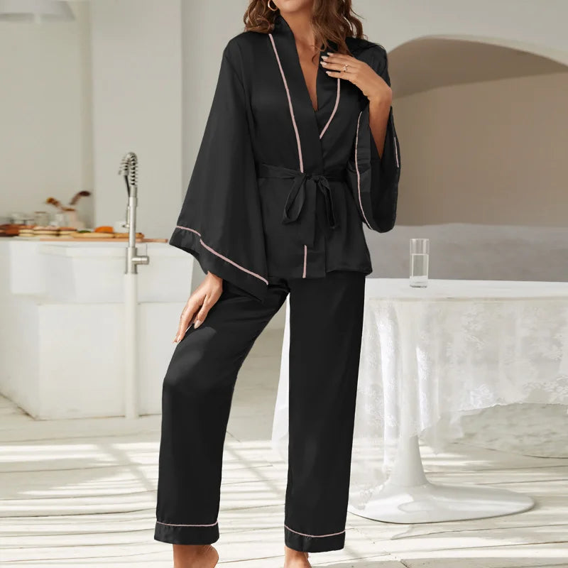 Noir Pyjama deux pièces en satin à manches larges