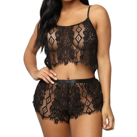 Noir Pyjama Sexy pour Femme - Lingerie Sensuelle en Dentelle