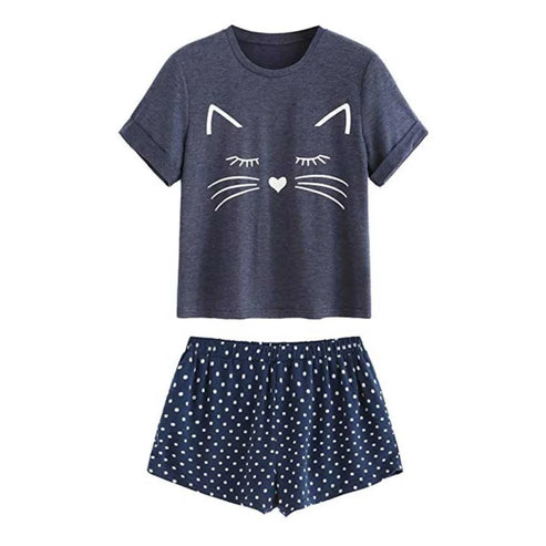Pyjama femme - avec un motif de chat - bleu marine / s
