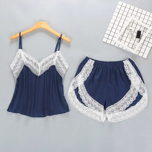 Pyjama Femme - Dentelle Décorative Blanche - Bleu Marin / Xs