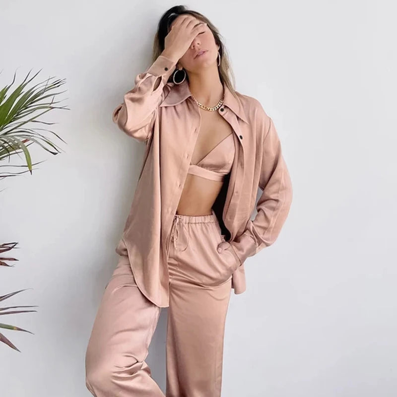 Rose Ensemble de pyjama femme 3 pièces en satin