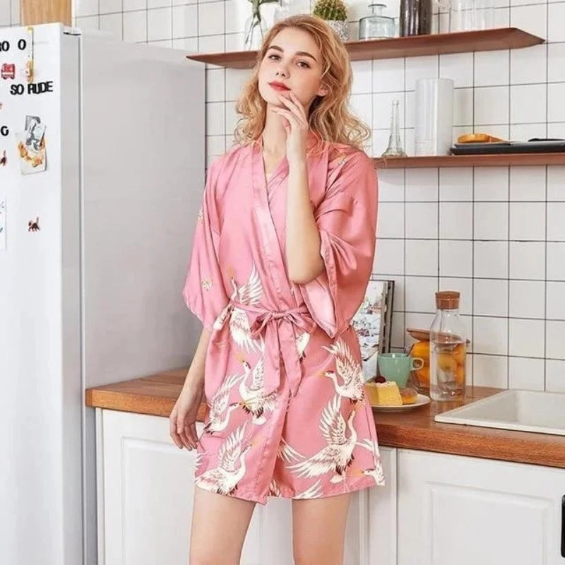 Rose Kimono Femme - avec Motif d'Oiseau