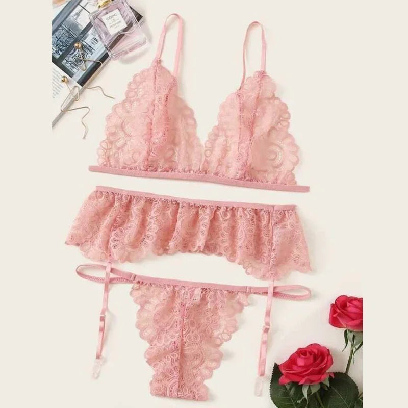 Rose Lingerie Fine Dentelle Sexy - Ensemble 3 Pièces