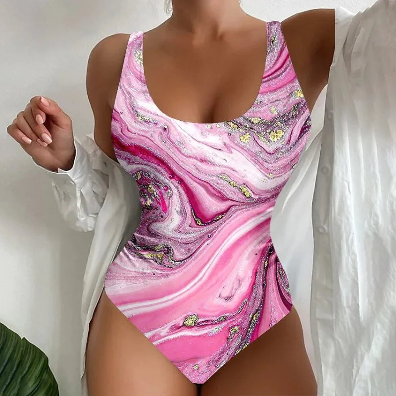 Rose Maillot de bain une pièce motif marbré