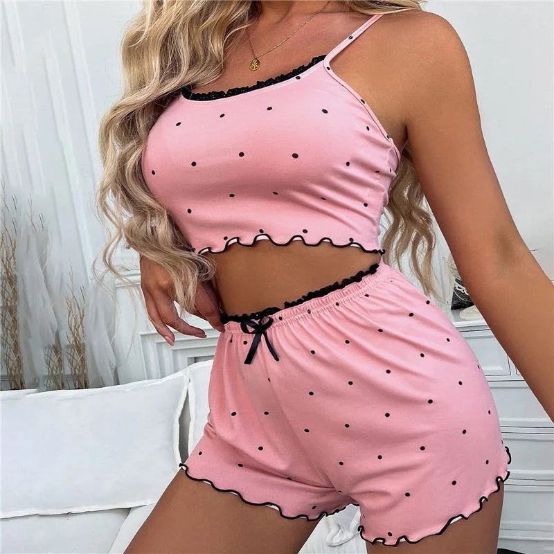 Rose Pyjama femme deux pièces à pois