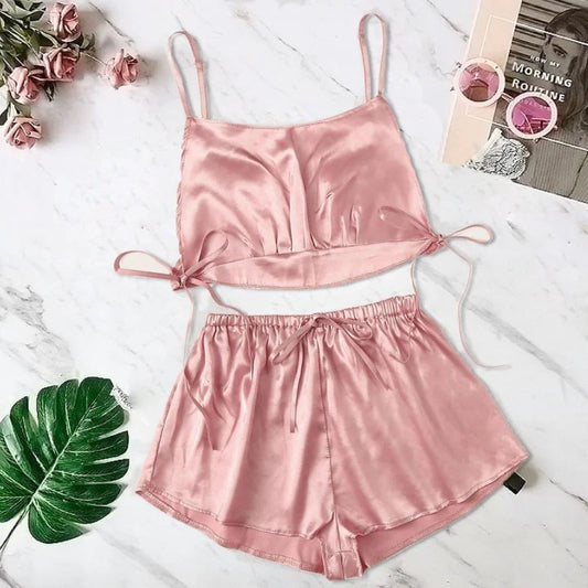 Rose Pyjama Femme en Satin avec Top Court